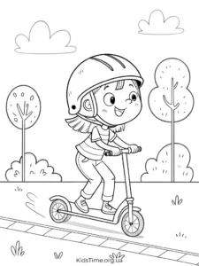 47+ безкоштовних розмальовок транспорту: летючий, наземний, водний • Kids Time KidsTime_Розмальовка дівчинка на самокаті