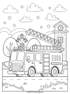 47+ безкоштовних розмальовок транспорту: летючий, наземний, водний • Kids Time KidsTime_Розмальовка пожежний автомобіль з пожежником