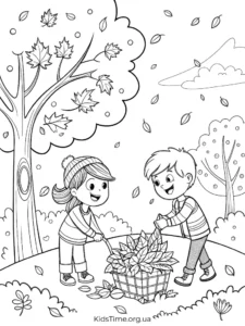 🍁 40+ осінніх розмальовок для дітей: від малюків до старших • Kids Time KidsTime_розмальовка діти прибирають осіннє листя