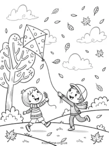 🍁 40+ осінніх розмальовок для дітей: від малюків до старших • Kids Time KidsTime_розмальовка двоє дітей запускають повітряного змія