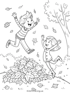 🍁 40+ осінніх розмальовок для дітей: від малюків до старших • Kids Time KidsTime_розмальовка двоє діток стрибають в купі листя