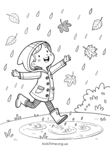 🍁 40+ осінніх розмальовок для дітей: від малюків до старших • Kids Time KidsTime_розмальовка Дитина щаслива у гумових чоботах, що стрибає по калюжах