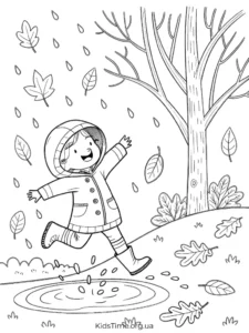🍁 40+ осінніх розмальовок для дітей: від малюків до старших • Kids Time KidsTime_розмальовка Дитина у гумових чоботах, що стрибає по калюжах