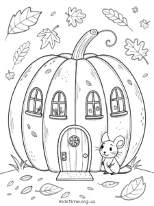 🍁 40+ осінніх розмальовок для дітей: від малюків до старших • Kids Time KidsTime_розмальовка Гарбузовий будиночок з віконцями та дверцятами, у якому живе мишка