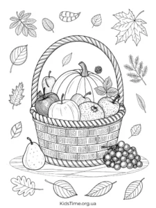 🍁 40+ осінніх розмальовок для дітей: від малюків до старших • Kids Time KidsTime_розмальовка Кошик з гарбузами, яблуками та грушами