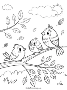 🍁 40+ осінніх розмальовок для дітей: від малюків до старших • Kids Time KidsTime_розмальовка Пташки на гілці перед відльотом