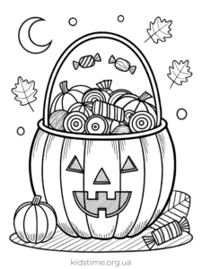 🎃 Розмальовки Хелловін: 30+ безкоштовних шаблонів для друку • Kids Time гарбуз кошик цукерки розмальовка хелловін