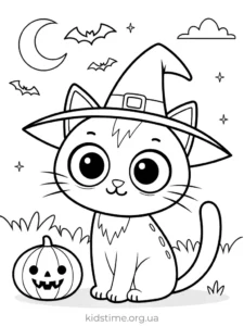 🎃 Розмальовки Хелловін: 30+ безкоштовних шаблонів для друку • Kids Time котик у капелюсі відьми розмальовка хелловін