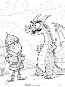 Розмальовки Беззубик та друзі 🐉 скачати й роздрукувати • Kids Time Розмальовка Кумедний дракон та вікінг