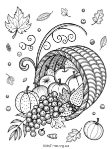 Осінні розмальовки овочів та фруктів🥕🌽🍎: 25+ ідей для дітей • Kids Time Розмальовка Ріг достатку з урожаем - для дітей 8-14 років