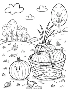 Осінні розмальовки овочів та фруктів🥕🌽🍎: 25+ ідей для дітей • Kids Time Розмальовка Веселий город з цибулею - для дітей 6-11 років