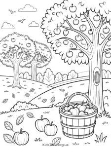 Осінні розмальовки овочів та фруктів🥕🌽🍎: 25+ ідей для дітей • Kids Time Розмальовка Яблуня з плодами в саду - для дітей 5-10 років