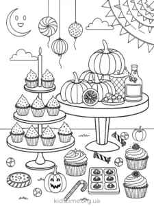 🎃 Розмальовки Хелловін: 30+ безкоштовних шаблонів для друку • Kids Time солодощі на столі розмальовка хелловін