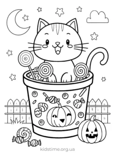 🎃 Розмальовки Хелловін: 30+ безкоштовних шаблонів для друку • Kids Time усміхнений кіт у казані розмальовка хелловін
